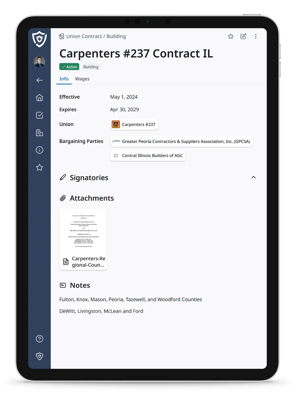 Screenshot of contract page on mobile device